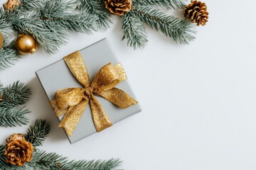 flat lay of Christmas gift box with pine branches and golden ribbon on white background, minimal festive scene, copy space, commercial stock style

