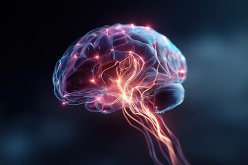 futuristic AI brain circuit with glowing neon lines, digital data flow, 3D render, cyberpunk color palette, isolated on dark background, technology concept
