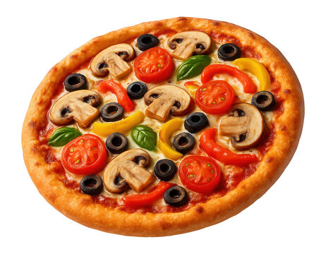 Delicious vegetarian pizza with mushrooms, tomatoes, bell peppers, black olives, and basil leaves on melted cheese, on transparent background. - Powered by Adobe