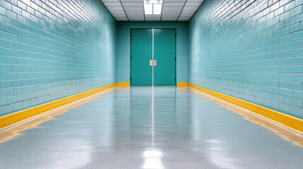 Clean corridor with teal walls and bright yellow base, leading to sealed door, evokes sense