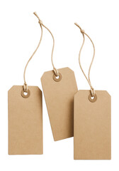 Three blank kraft paper tags with twine strings for packaging or labeling on transparent background.