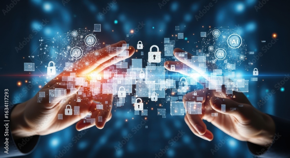 Poster fingers engaging with holograms of data locks and ai symbols in virtual space