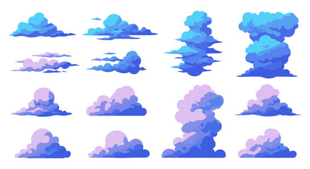 Collection of stylized, colorful cloud shapes for graphic design.