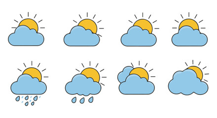 A collection of stylized weather icons depicting sun and cloud variations, including rain.