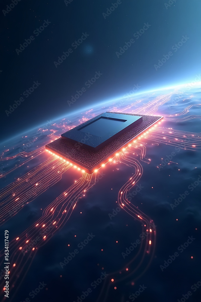 Aufkleber digital rendering of a glowing computer chip floating above a stylized earth.
