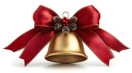 A golden bell adorned with a vibrant red ribbon and pinecones is prominently displayed, creating a festive atmosphere perfect for winter holiday decorations and celebrations.