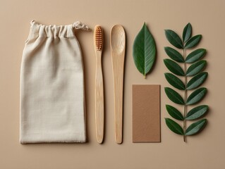 realistic flat lay of eco-friendly items: wooden toothbrush, cloth bag, green leaves, recycled paper card, arranged neatly on natural beige background, top view

