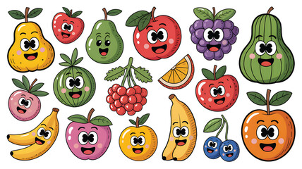 Delightful Cartoon Fruit Medley with Smiling Faces Perfect for Childrens Illustrations and Healthy Food Concepts