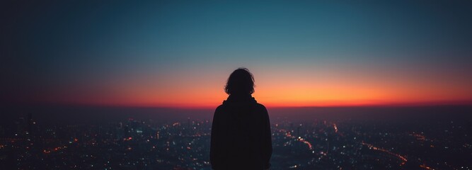 silhouette of a person standing at mountain peak at sunrise, epic landscape, colorful sky, misty mountains, motivational concept, emotional tone