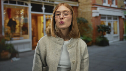 Young blonde woman forms heart shape with fingers on busy town street; love affection kindness warmth.