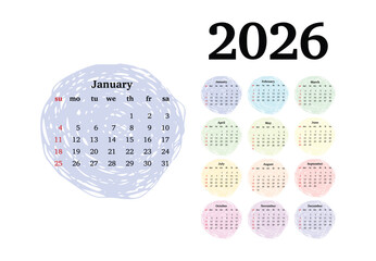 Calendar for 2026 isolated on a white background
