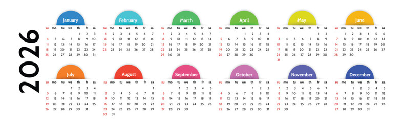 Calendar for 2026 isolated on a white background