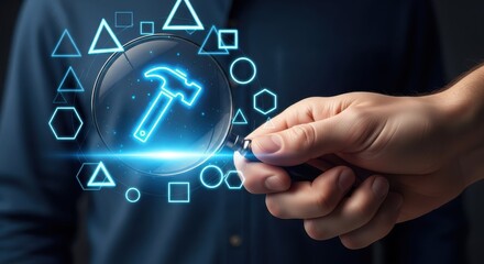 Businessman analyzing digital development tools with a magnifying glass on a holographic interface.