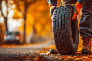 Person changing a tire on an autumn road