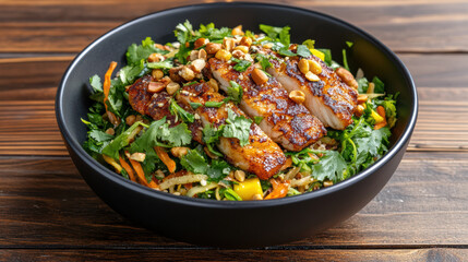 Fototapeta premium Crispy fish salad with fresh herbs, vegetables, and peanuts creates vibrant dish