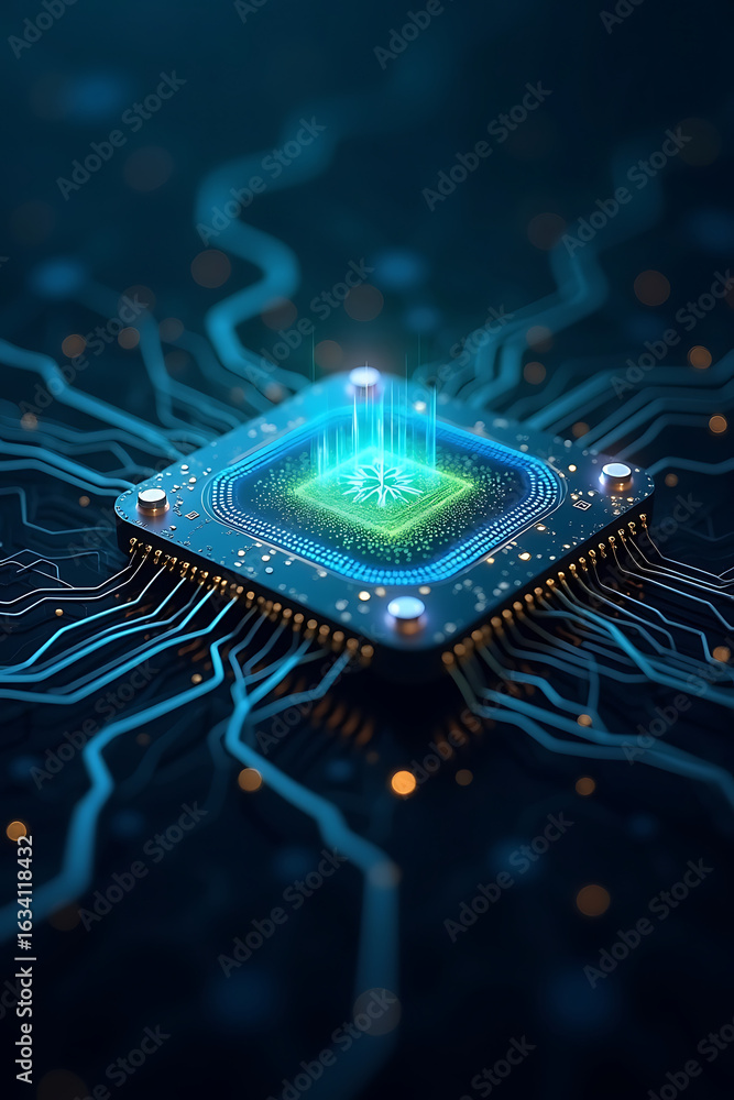 Poster a glowing computer chip with intricate circuit patterns, emitting bright blue light, set against a d