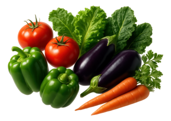 Assorted fresh vegetables including tomatoes, green bell peppers, eggplants, carrots, and leafy greens arranged together on transparent background.