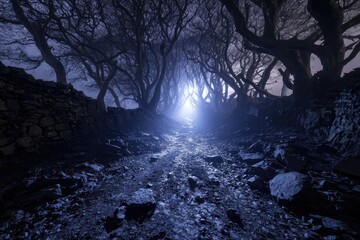 Mysterious, misty path through gnarled trees at night