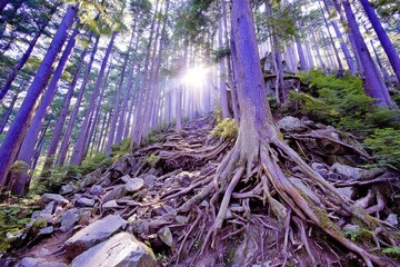 Sunlight streams through towering trees on a rocky mountain trail