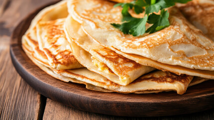Crispy crepes stacked wooden plate, garnished with fresh herbs, evoke delightful culinary