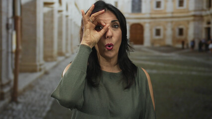 Hispanic middle age woman holds hand to eye in ok sign gesture at university building outdoors;...
