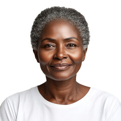 Obraz premium Front view close up of an extremely beautiful 65-year-old woman from Ghana in a white t-shirt smiling isolated on a white transparent background.