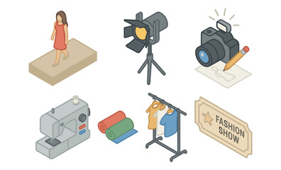Fashion show elements isometric set with sewing machine, camera, model, lighting, and clothing rack