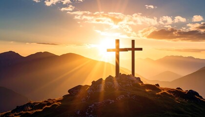 Dual crosses silhouette on mountain top under radiant golden sunset sky layers