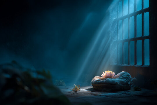  A divine newborn Krishna glowing in a mystical prison cell with Devaki and Vasudev in awe.
