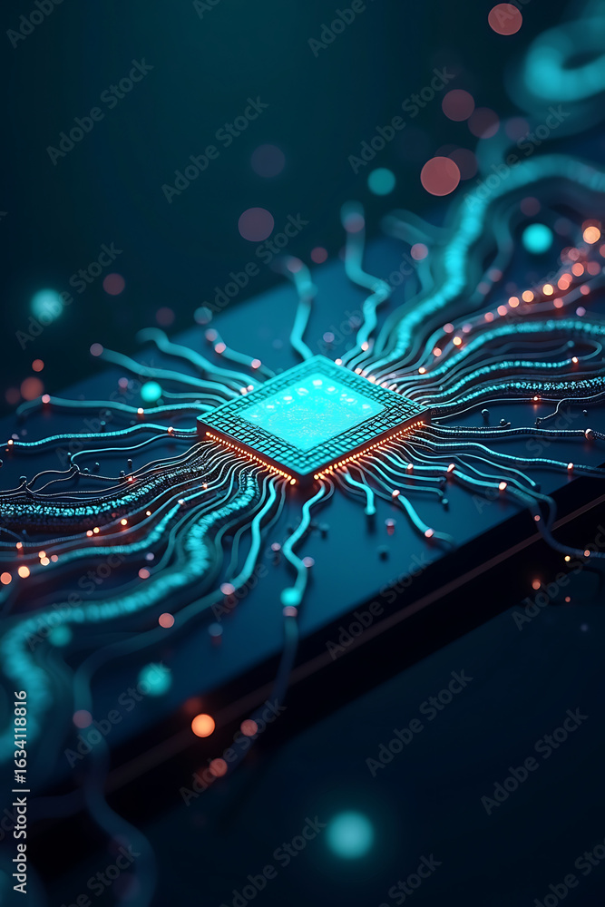 Poster close-up of a glowing, intricate computer chip with interconnected lines, suggesting technology and 
