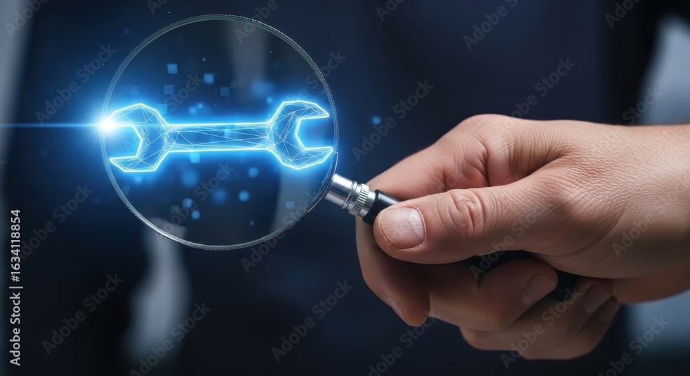 Poster examining a glowing spanner icon with a magnifying glass for tech support and maintenance.