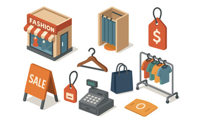 Isometric shopping elements: boutique, sale tags, and retail essentials