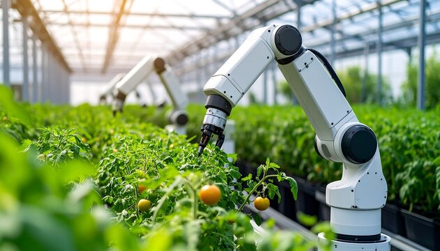 Robotic arms tend to tomato plants in a greenhouse - Powered by Adobe