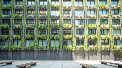A modern building exterior with a green living wall design.