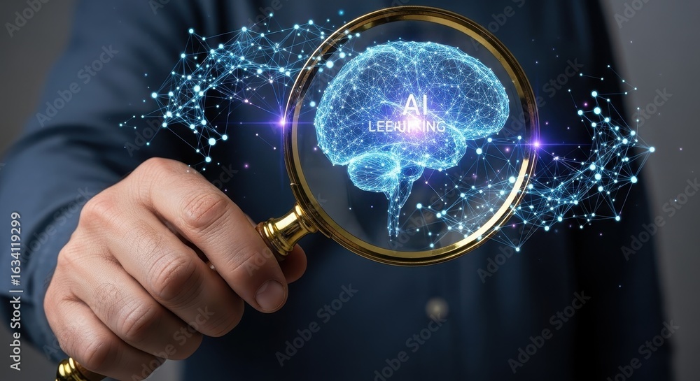 Poster exploring artificial intelligence hand holding magnifying glass over ai deep learning model