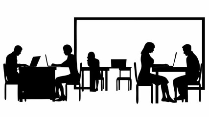 Silhouette illustration depicting people working on laptops at desks in an office environment setting shown | editable eps vectors