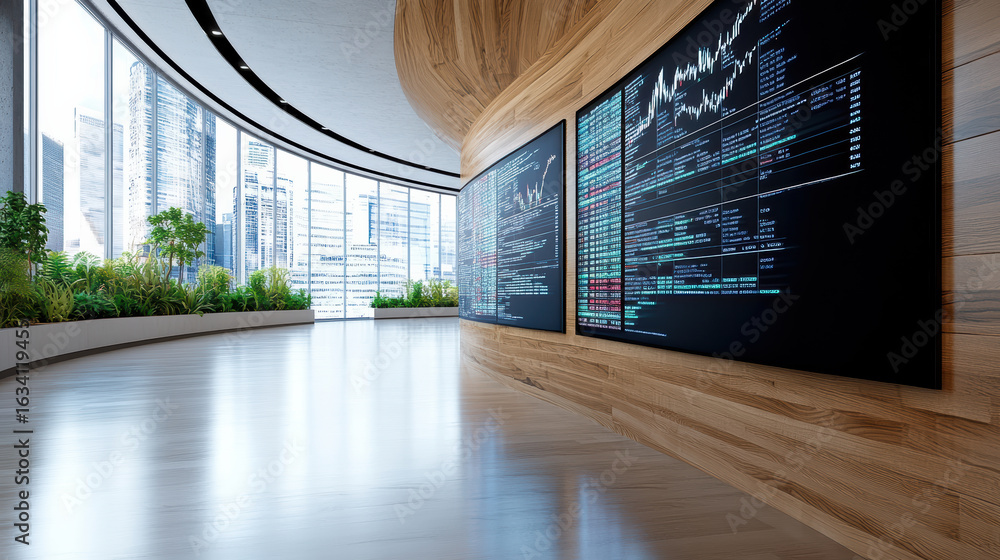 Poster modern office space with curved walls displaying financial data and projections, surrounded by