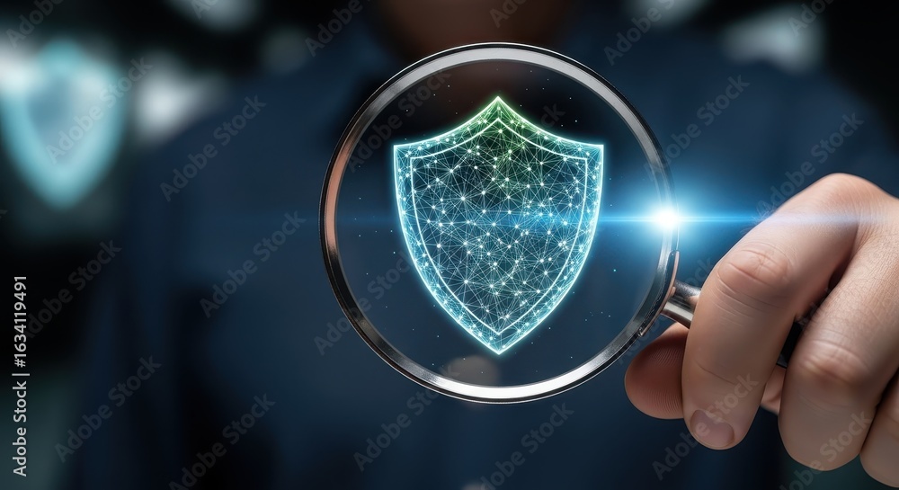 Poster digital shield magnified unveiling advanced cybersecurity solutions and data protection