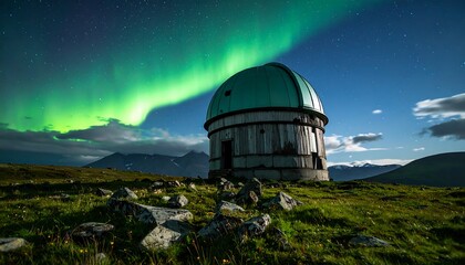 Obraz premium Observatory Under Aurora Borealis on Grassy Hillside at Night