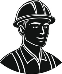 Black and white portrait of a man wearing a hard hat worker