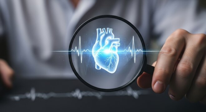 Cardiovascular health analysis with a doctor examining a digital heart and ECG waveform - Powered by Adobe
