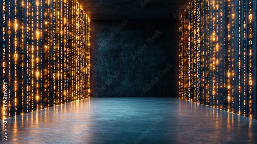 Poster dark futuristic studio with glowing symbols illuminating walls, creating mesmerizing atmosphere