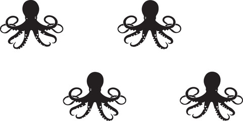 Fototapeta premium Five Octopus Silhouettes Arranged on White Background Marine Life Vector cephalopod ocean