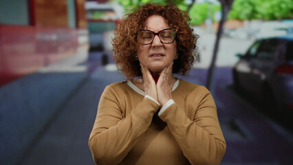 Fototapeta premium Woman with curly hair in glasses touches her neck on a city street, expressing discomfort outdoors, blending with vibrant urban background, capturing emotion and city life.