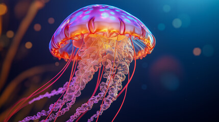 Fluorescent jellyfish swimming underwater. Bioluminescent marine animal with glowing tentacles. Natural ocean habitat and aquatic life.