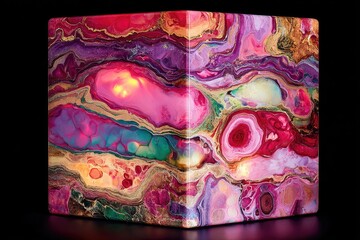 Abstract cube, vibrant colors, marbled design, glowing interior