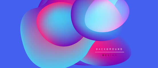 Abstract fluid shapes overlap, creating vibrant color gradients. Blue dominates background, accented by pinks, cyans. Modern design element.