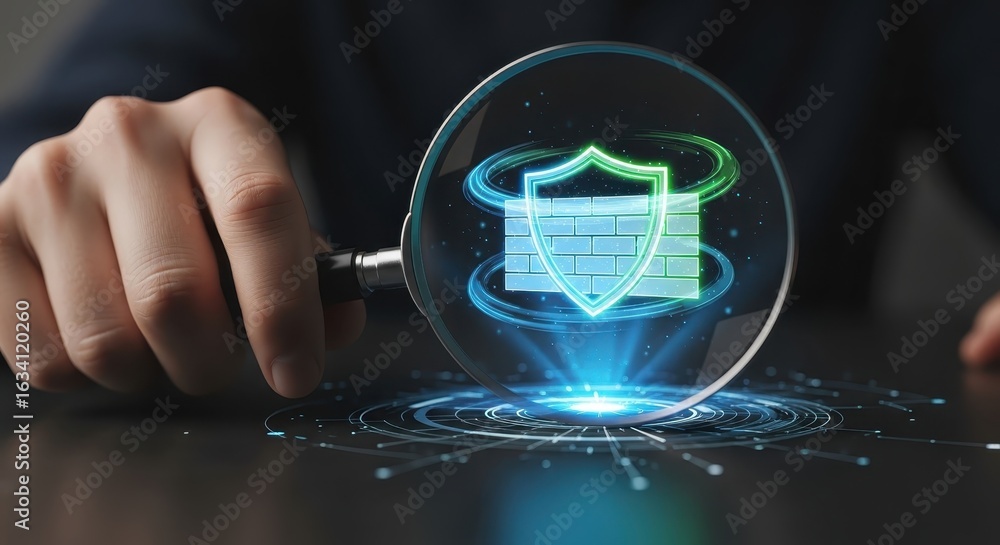 Poster digital security analysis hand magnifying glowing shield hologram for data protection