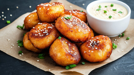 Crispy deep fried banana fritters served with creamy dipping sauce, garnished with sesame seeds