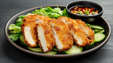 Crispy fried chicken cutlet served with fresh cucumber and dipping sauce, delicious meal option